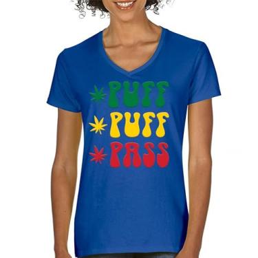 Imagem de Camiseta feminina Puff Puff Pass gola V 420 Weed Lover Pot Leaf Smoking Marijuana Legalize Cannabis Funny High Pothead Tee, Azul, G