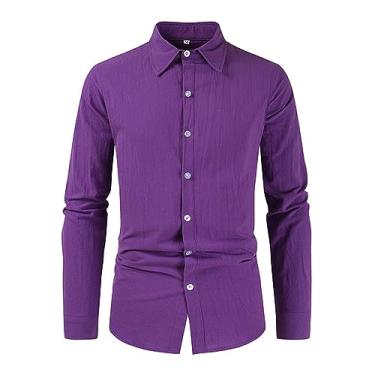 Imagem de Camisa social masculina de algodão e linho, manga comprida, formal, cor sólida, camisa de botão, Roxo, G