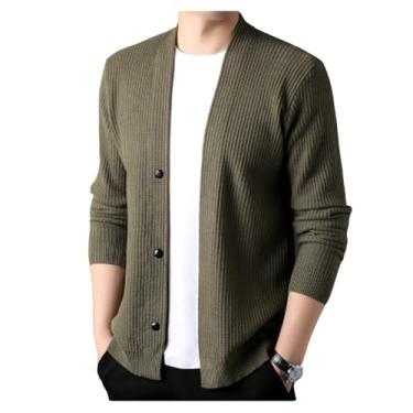 Imagem de Suéter masculino de malha de botão de cor sólida cardigã leve manga longa casual, Verde, XXG