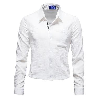 Imagem de Camisa social masculina de manga comprida slim fit abotoada lapela sólida bolso camiseta leve casual, Branco, XXG