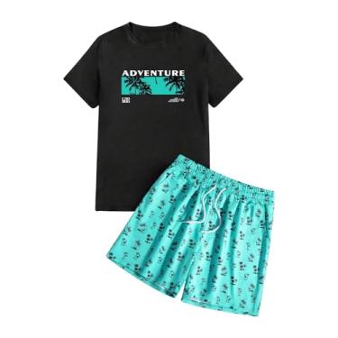 Imagem de SOLY HUX Conjunto de 2 peças havaiano masculino com estampa de letras, camiseta tropical de manga curta e shorts com cordão, Tropical multicolorido, G