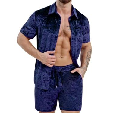 Imagem de ZSJR Conjunto masculino de 2 peças de camisa e shorts de veludo diamante, moda casual de 2 peças, Azul marinho, G
