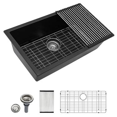 Imagem de Pia de cozinha preta de quartzo 33, Dcolora 83 x 48 cm, pia de cozinha de granito composto preto de 33 x 19 polegadas pia de cozinha com acessórios canto redondo