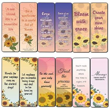 Imagem de Creanoso Marcadores de livro com citações positivas com tema girassol (10 conjuntos x 6 cartões) – Conjunto de cartas inspiradoras diárias – Cortador de página de livro interessante – Ótimo presente