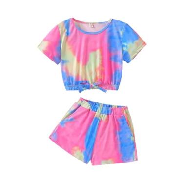 Imagem de Conjunto feminino de verão tie-dye camiseta com cordão elástico e shorts de cintura elástica com bolsos laterais, rosa - azul, 5-6 Anos