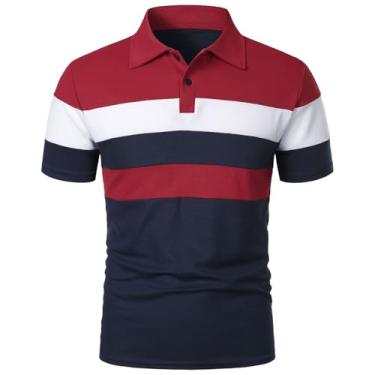 Imagem de Oymyakon Camisas polo masculinas de manga curta Color Block Camisetas de golfe moda verão casual lapela camiseta, Vermelho + azul marinho, G