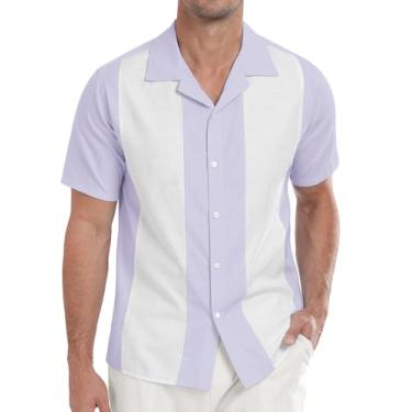 Imagem de Askdeer Camisas masculinas de linho vintage camisa de boliche manga curta Cuba Beach camisas verão casual camisa de botão, A11 Roxo Branco, XXG