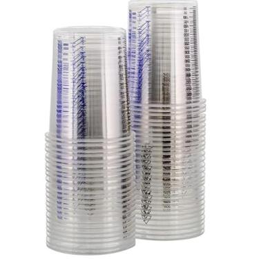 Imagem de LinaLife 50 peças de copos de medição de tinta graduada descartáveis de 600 ml (600 ml) ferramentas de mistura de resina epóxi transparentes para manchas copos de mistura multiuso para tinta,