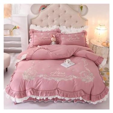 Imagem de Jogo de cama luxuoso branco rosa 100% algodão amor bordado floral princesa capa de edredom lençol saia de cama fronhas, lençóis de cama (Rojo 1,5 m saia de cama 4 peças)