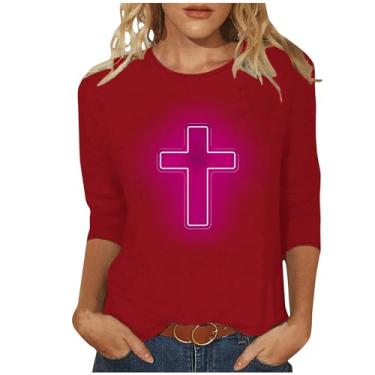 Imagem de MaMiDay Camisetas femininas com cruz leve e manga 3/4 de comprimento 3/4, casual, moderno, gola redonda, camisetas leves para primavera e férias, Vermelho, 4G