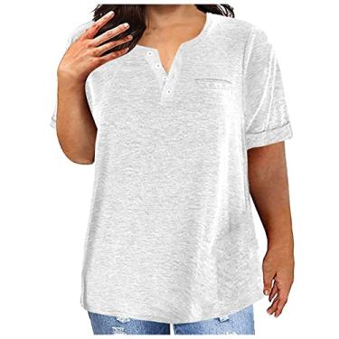 Imagem de Lainuyoah Camisetas femininas folgadas gola V sólida básica pulôver manga curta oversize verão 2024 roupas da moda, D - branco, M