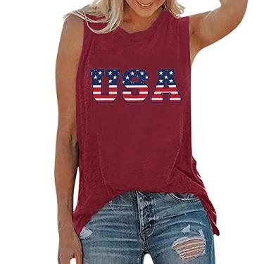 Imagem de Camiseta regata feminina com bandeira americana 4 de julho vermelha, branca e azul, camisetas patrióticas gráficas de verão, Vinho, P