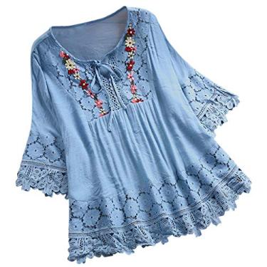 Imagem de Lainuyoah Blusas de trabalho femininas de linho de verão vintage laço patchwork renda gola V bordado manga 3/4 camisa retrô, Azul-celeste A, G