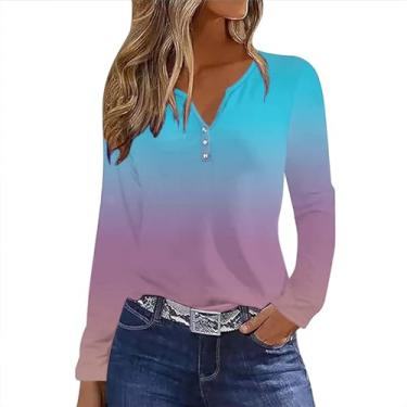 Imagem de Camisetas femininas casuais de verão com botões gradientes de manga comprida e gola V elegantes para outono túnicas leves e confortáveis, Azul-celeste, M
