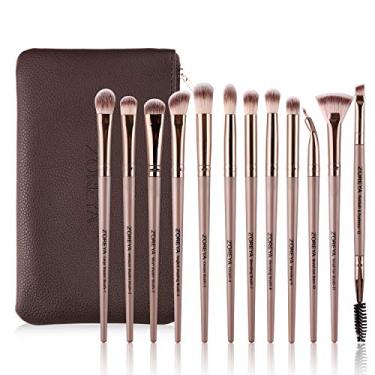 Imagem de Pincéis de maquiagem Zoreya, conjunto de 12 pincéis profissionais para os olhos, sobrancelha, mistura de sobrancelhas, ventilador, conjunto de pincéis com bolsa de transporte (ouro champanhe)