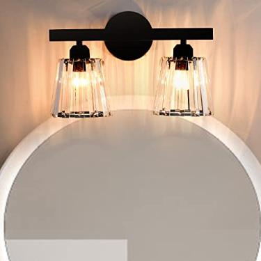 Imagem de TISLYCO 2 arandelas de decoração de parede, luminária moderna sobre o espelho, arandela de parede de cristal preto para banheiro, 2 luzes arandelas de banheiro