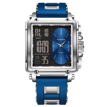 Imagem de Relógio Quadrado De Quartzo Masculino Dual Display Impermeável Pulseira De Silicone Azul