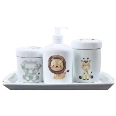 Imagem de Antilope Decor Porcelanas, Kit higiene bebê Safari 4 peças - Bandeja, potes, porta álcool e molhadeira - Tudo Porcelana