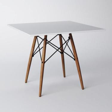 Imagem de Mesa Eames Eiffel Quadrado Tampo de Madeira 90cm Branco - IRON WOOD