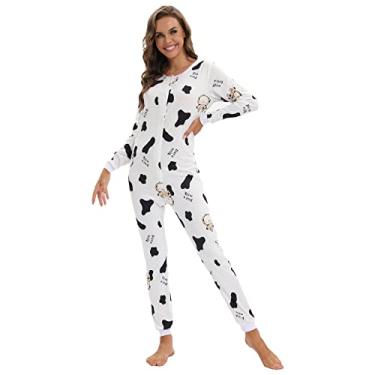 Imagem de QIYUANT Macacão feminino macio para adultos, peça única, com botões, roupa de dormir, roupa de dormir, Vacas, M