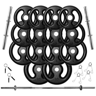 Imagem de KIT ANILHAS 60 KG + 2 BARRAS OCAS 40CM + BARRA MACIÇA 1,50CM