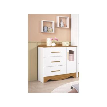 Imagem de Cômoda Bebê Moveis Peroba Lisi 03 gavetas 01 porta MDF, Branco Amêndoa