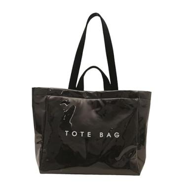 Imagem de Lushandy Bolsa de ombro de PVC de papel kraft para mulheres, bolsa de mão com estampa de letras, bolsa viral de PVC transparente para compras e viagens, Preto, One Size