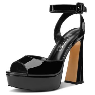 Imagem de TNYNFBEB Sandália feminina de salto plataforma alta com bloco grosso, bico aberto, tira no tornozelo, fivela, vestido de formatura, couro envernizado, salto de 13 cm, Preto, 40