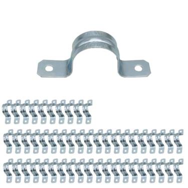 Imagem de TOMSHIELE Braçadeiras de tubo de 2,5 cm, suportes de metal em U, tiras de conduíte de 2 furos, tiras de tubo rígidas, montagem segura para conduítes EMT, tiras resistentes à ferrugem, zincadas para