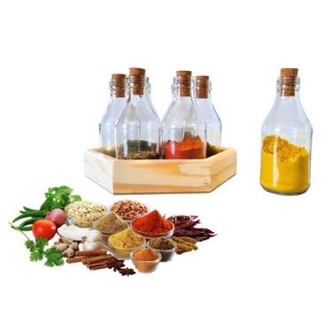 Imagem de porta tempero em madeira bandeja 7 potes de vidro - house decor