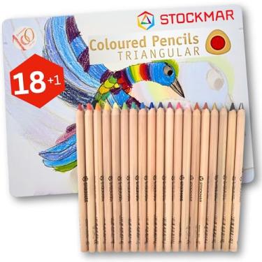 Imagem de STOCKMAR Lápis de cor triangular, 18 unidades + 1 lápis de grafite em uma caixa de lata: lápis de cor de material escolar para crianças em casa ou na escola, para artistas profissionais ou iniciantes,