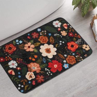 Imagem de Bsheuancek Tapetes de banheiro florais, tapete de banho com flores fofas, pequeno, tapete de flores, antiderrapante, lavável, preto, para chão de banheira