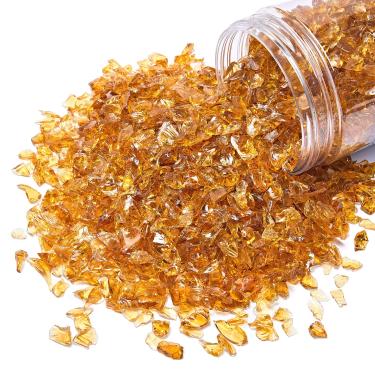Imagem de TWINKLING Brilho de vidro triturado de alto brilho, vidro quebrado, vidro de fogo, lascas de pedras preciosas de vidro para fogueira, arte de resina DIY, artesanato epóxi, pintura de geodo, decoração de jardim de aquário, 6-9 mm (370 g/13 oz.) (âmbar escuro)