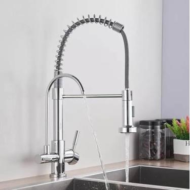 Imagem de Torneira de cozinha cromada com filtro rotativo, dispositivo de água pura, misturador de água quente e fria, torneira de cozinha com mola, instalação de deck, cromado B