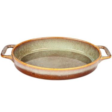 Imagem de jinsongdafa Caçarola oval, assadeira gratinada de cerâmica de 38 cm, assadeira grande de lasanha de 1,6 litros de profundidade para forno, assadeira com alças - Forno, micro-ondas, freezer e
