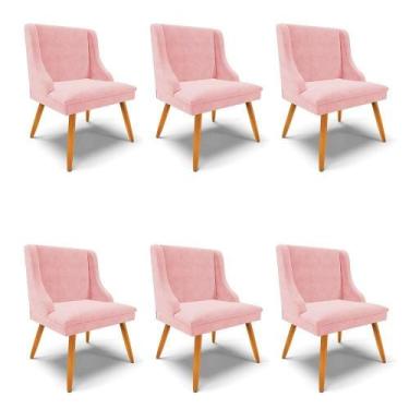 Imagem de Kit 06 Cadeiras De Jantar Liz Suede Rosa Bebê Pés Palito Castanho - DR