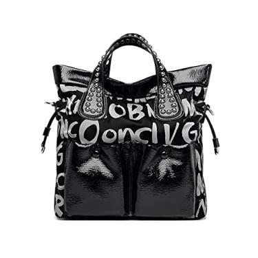 Imagem de Moda Bolsa Feminina Letra Rebite Bolsa de Ombro de Luxo de Couro de Alta Capacidade Bolsa Carteiro Preto de Grande Capacidade(Black,11 * 11 * 4inch)