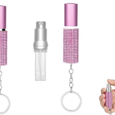 Imagem de Biiange Frasco de spray de perfume vazio com strass, frasco vazio de strass com chaveiro, frasco atomizador de perfume recarregável de 5 ml para perfume, óleo essencial (rosa)