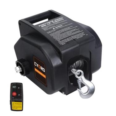 Imagem de Cygrd Guincho de reboque portátil, guincho elétrico reversível 12 V CC, Power-in, Power-Out e operações de roda livre para barcos 907 kg com controle remoto sem fio e manivela
