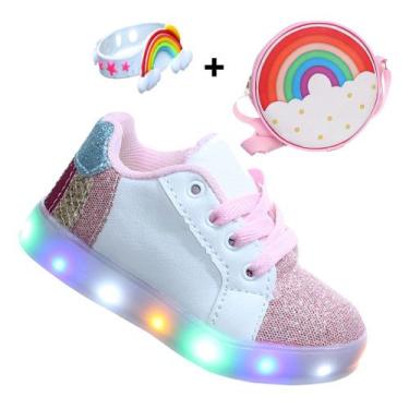 Imagem de Kit Tenis Infantil Menina Luz Led Arco Iris Com Bolsa e Pulseira - Pem