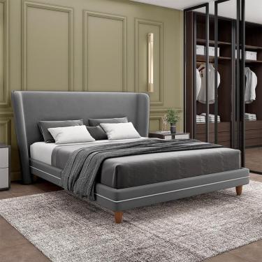 Imagem de Conjunto Cama Com Cabeceira King Torres Pés Em Madeira Veludo Cinza G91 - Gran Belo