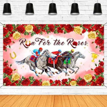 Imagem de Mocsicka Faixa Run for The Roses Kentucky Derby para decoração de festa de corrida de cavalos para festa de aniversário, pista de corrida, estádio, decoração de casa, adereços de cabine de fotos
