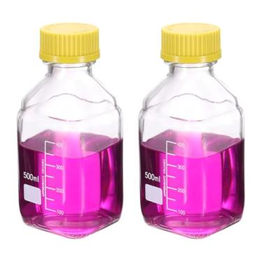 Imagem de PATIKIL Garrafas redondas graduadas quadradas de vidro borossilicato de 500 ml com tampa de rosca amarela GL32 para líquidos de reagente de água de laboratório, transparente