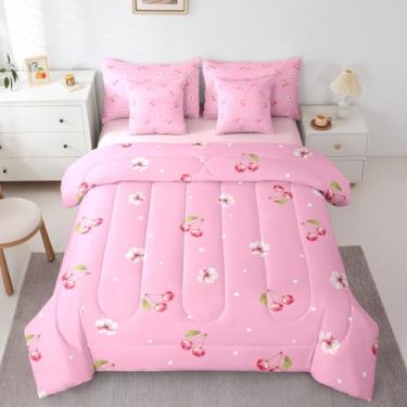 Imagem de Feelyou Jogo de cama infantil casal com estampa de cerejeira, 7 peças, cama de princesa sonhadora em uma bolsa, conjunto de edredom kawaii, com estampa kawaii, com lençol de cima, floral, para