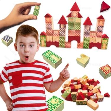 Imagem de Mega Construções 76 Peças Blocos de Madeira Educativo para Crianças de 3 a 5 Anos Brinquedo Criativo para Brincar de Engenheiro Montar Castelo Casinhas para Escola Creche Presentes Natal Aniversário