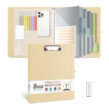 Imagem de Organizador de fichário de couro com 3 anéis, 3 anéis BVSSX com prancheta, pasta de plástico, divisórias de bolso de 5 abas com etiquetas adesivas, alça para caneta, alça elástica (bege, tamanho carta