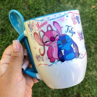 Imagem de Caneca Stitch Angel Colher Interior e Alça Azul - Com Nome - Jlssublim