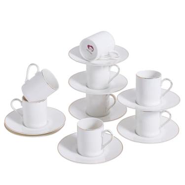 Imagem de PRECITIME Conjunto de copos de café expresso de 8 peças de porcelana branca - conjunto de xícaras e pires Demitasse de 94 g, design elegante com acabamento dourado, perfeito para café expresso, café