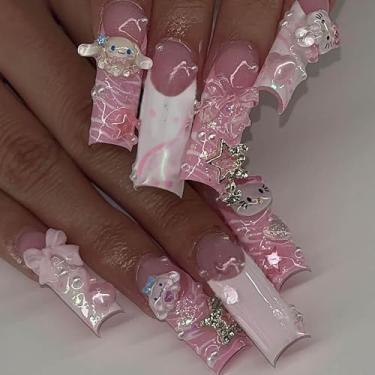Imagem de RTKHFZE Unhas Postiças Quadradas De Longa Duração, Ponta Francesa Branca, Cola Com Glitter Falso, Pingente Fofo E Desenhos Laço, Bastão Acrílico Cobertura Total Para Manicure Feminina