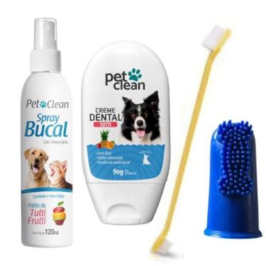 Imagem de kIT Creme Dental Tutti Frutti e Spray Tutti Frutti Pet Clean Acompanha Dedeira Flexível e Escova Dupla cores sortidas para Cachorros